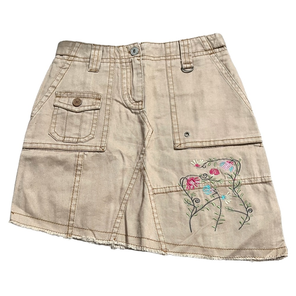 La Decker Brown Denim Floral Embroidered Cargo Skirt Size Small Vintage Y2K.